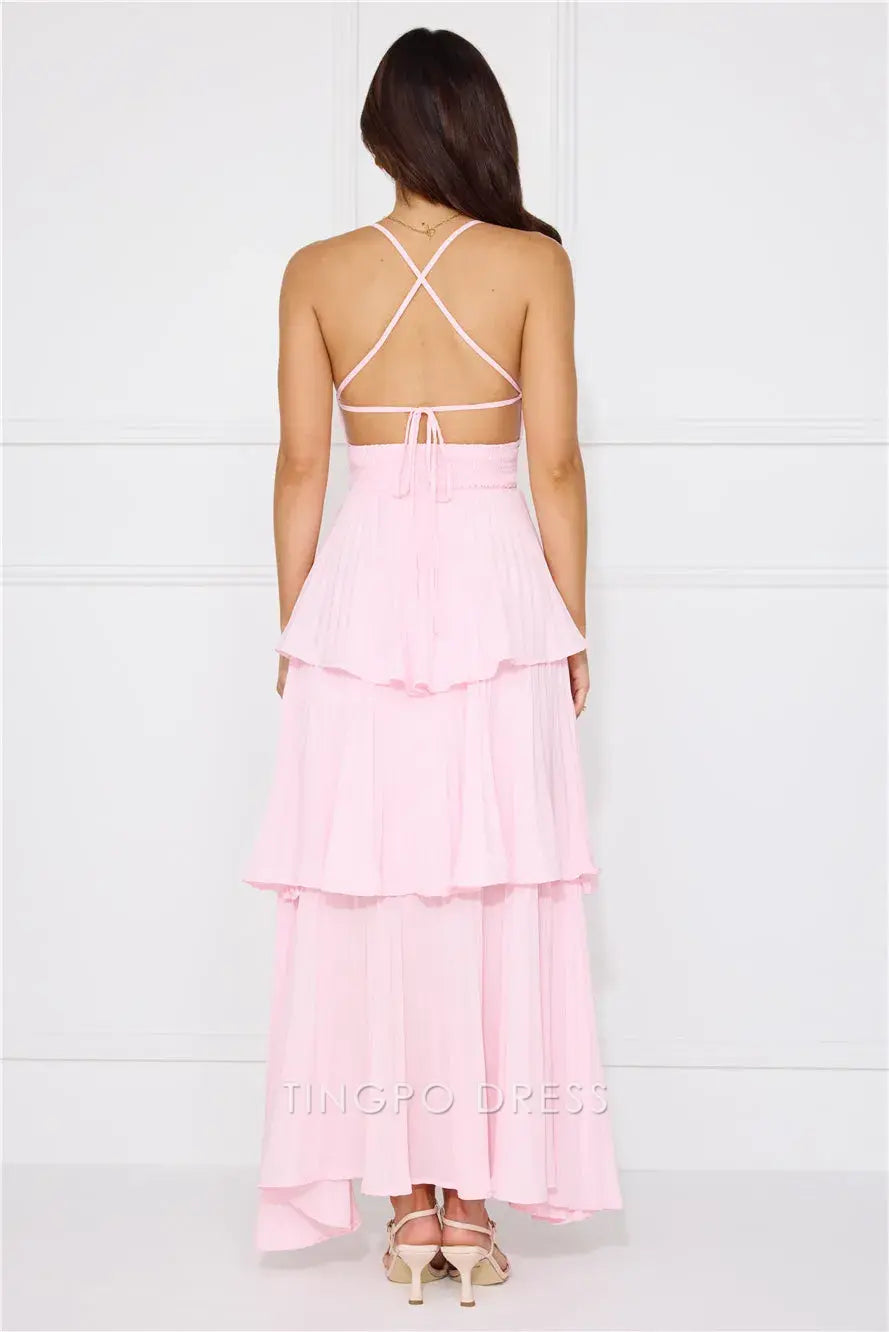 Elegant A-Line Spaghetti Strap Tiered Maxi Dress with Open Back Prom Dress